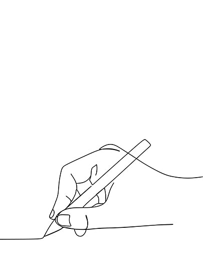 Une illustration minimaliste en ligne continue représentant une main tenant un crayon ou un stylo en position d'écriture. Le dessin est simple, sans détails complexes, et utilise des traits fins pour capturer la forme de la main et de l'outil d'écriture. L'arrière-plan est entièrement blanc, créant un fort contraste avec la ligne noire de l'illustration.